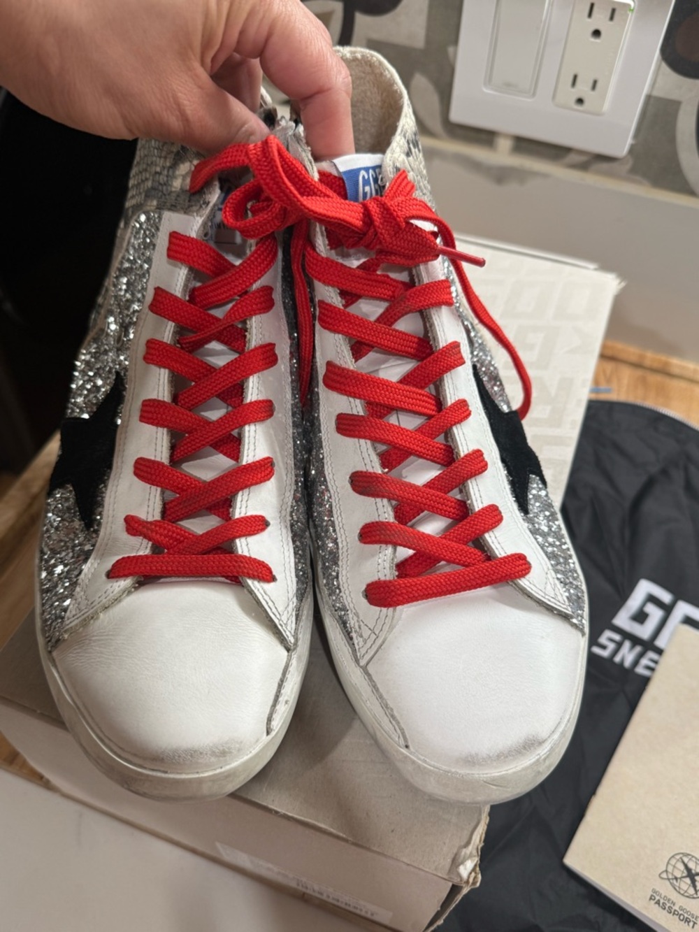 Golden Goose Multi-Texture High-Top Sneakers with Red Laces - Picture 5 of 13